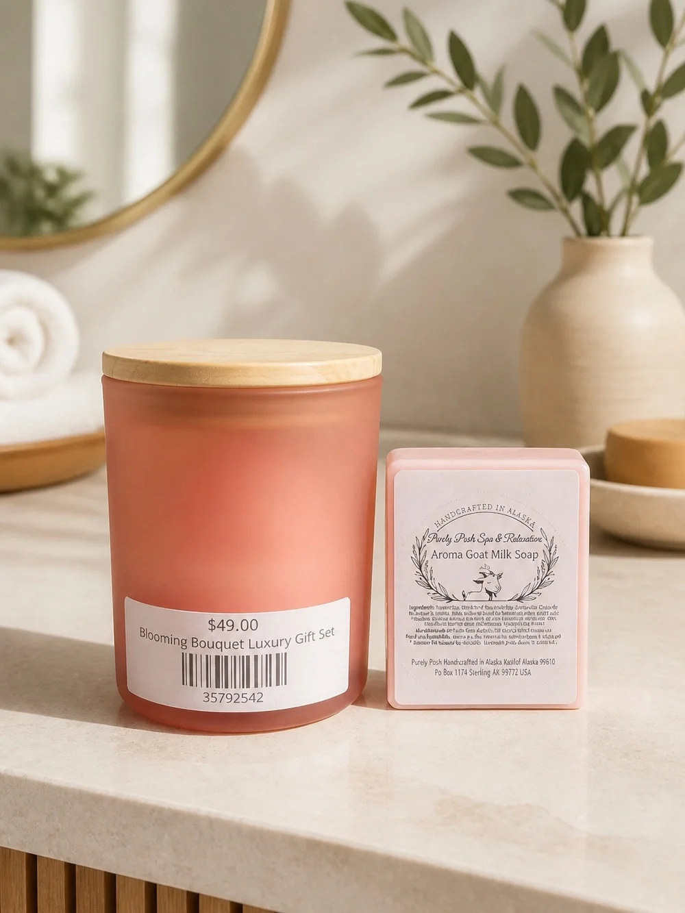 Blooming Bouquet Pink Floral Soy Candle • Soap • Lip balm In window Gift box set